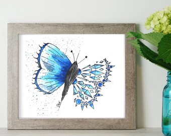 Blue Butterfly Watercolor Painting, Geometric Butterfly Watercolor Art, Butterfly Painting, Geometric Print, Insect Art, Nature Watercolor