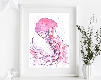 Pink Jellyfish Watercolor Painting, Jellyfish Wall Art, Jellyfish Watercolor Print, Marine Art, Marine Watercolor Print, Ocean Watercolor