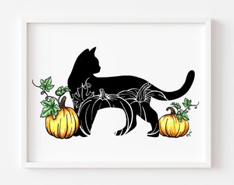 Black Cat and Pumpkins Watercolor Print, Cat Silhouette Painting, Halloween Art, Fall Decor, Pumpkin Painting