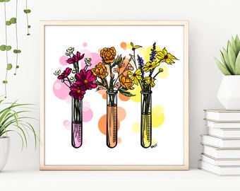 May include: A digital illustration of three test tubes filled with colorful flowers. The test tubes are filled with pink, orange, and yellow flowers. The background is a white and pink watercolor wash.
