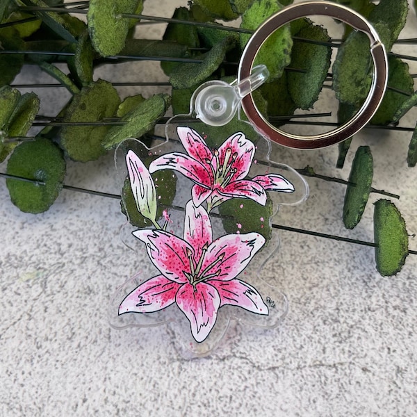 roze lelie sleutelhanger, bloem sleutelhanger, aquarel bloem sleutelhanger, bloem cadeau, tuinman cadeau, tuinman sleutelhanger