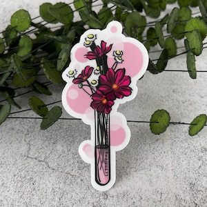 Pegatina de tubo de ensayo transparente, pegatina de flor transparente, pegatina de ciencia, pegatina de mujeres en la ciencia, calcomanía de flores, botella de agua y calcomanía de computadora portátil