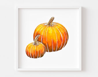 Impressão em aquarela de abóboras, pintura de abóbora laranja, arte de parede de outono, decoração de abóbora, decoração de outono, decoração de outono, impressão de outono