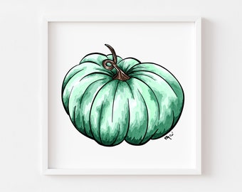 Impressão em aquarela de abóbora, pintura de abóbora verde, arte de parede de outono, decoração de abóbora, decoração de outono, decoração de outono, impressão de outono