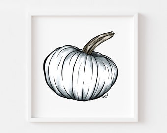 Pumpkin Watercolor Print, White Pumpkin Painting, Fall Wall Art, Pumpkin Decor, Autumn Decor, Fall Decor, Fall Print