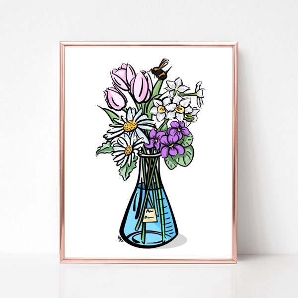 Women in Science Poster | Flask Bouquet Wall Art | Flower Painting | Science Poster | Erlenmeyer Flask Art