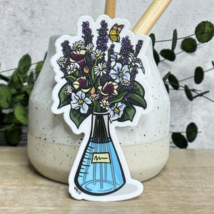 Pegatina de laboratorio, pegatina STEM, calcomanía de flores, pegatina de botánico, pegatina de ciencia, pegatina de mujeres en la ciencia, calcomanía de botella de agua, regalo de ciencia