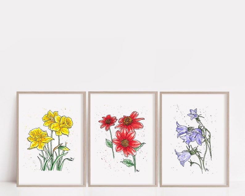 Floral Watercolor Painting Set of 3, Watercolor Print Set, Daffodil ...