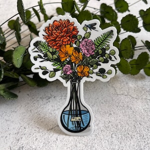 Adesivo de flor, adesivo de ciência, adesivo de balão Erlenmeyer, adesivo de mulheres na ciência, decalque de flor, garrafa de água e decalque de laptop