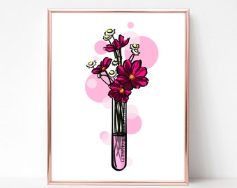May include: A framed art print featuring a scientific test tube filled with pink liquid and a bouquet of dark pink cosmos flowers and small white daisies, set against a white background with soft pink circular accents and a metallic frame.