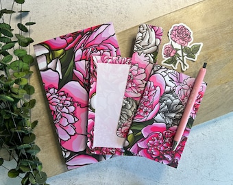 Peony briefpapier cadeauset, pioen cadeau, cadeau voor moeder, cadeauset, bloemen geschenkdoos, bloemen briefpapier, notebook geschenkdoos