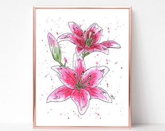 Pink Lily Watercolor Painting, Pink Flower Wall Art, Pink Lilies Print