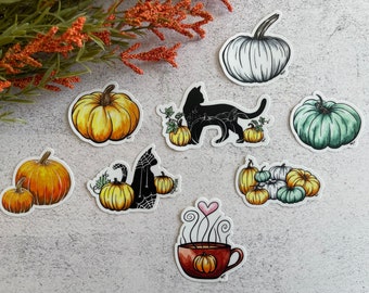 Fall Vinyl Sticker Set of 8, Pumpkin Sticker Set, Watercolor Sticker Set, Halloween Sticker Set, Water Bottle & Laptop Decal