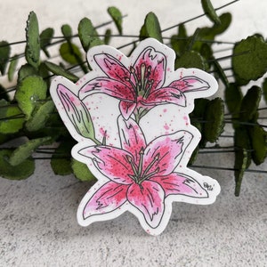 Pink Lily Vinyl Sticker, Lillies Sticker, Watercolor Flower Sticker, Flower Decal, Water Bottle & Laptop Decal