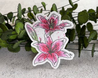 Watercolor Pink Lily Vinyl Sticker, Flower Decal
