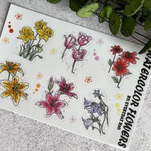 Watercolor Flower Sticker Sheet, Planner Stickers, Bullet Journal, Floral Stickers, Journal Flower Stickers
