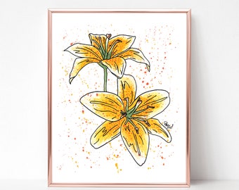 Gelbe Lilie Aquarell Malerei, Gelbe Blume Wandkunst, Gelbe Lilien Druck