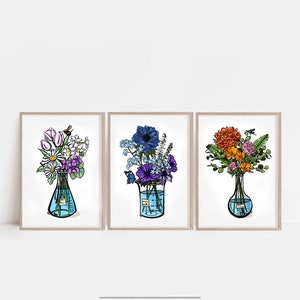 Women in Science Poster Set | Flask Bouquet Wall Art Set | Flower Painting Set | Science Poster Set | Erlenmeyer Flask Art