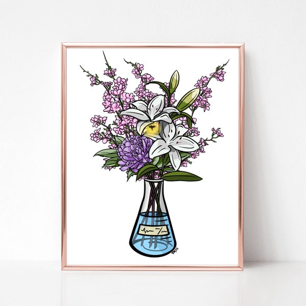 Women in Science Poster | Flask Bouquet Wall Art | Flower Painting | Science Poster | Erlenmeyer Flask Art