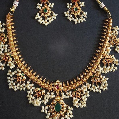 Bridal Guttapusalu Set With Kemp Stones and Pearls Indian - Etsy