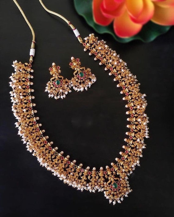 wedding jewelry Kemp stone and pearl necklace set jewelry for brides golden temple jewelry necklace set