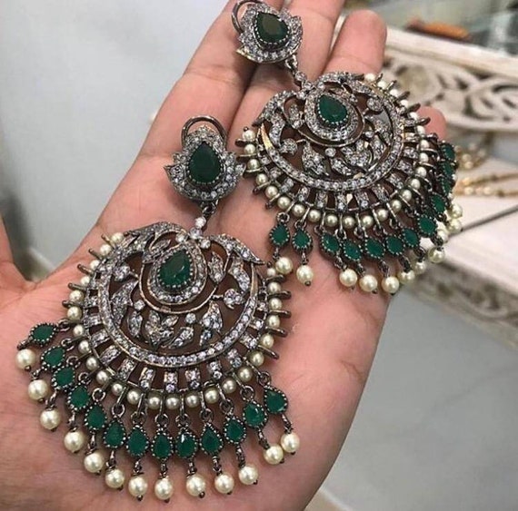 victorian jadau earrings silver jewelry emerald drops statement earrings diamond earrings sabyasachi jewelry Indian bridal jewelry
