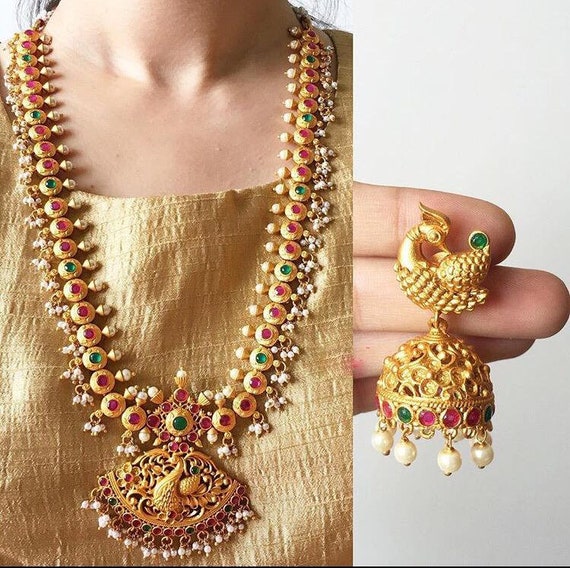 wedding jewelry Kemp stone and pearl necklace set jewelry for brides golden temple jewelry necklace set