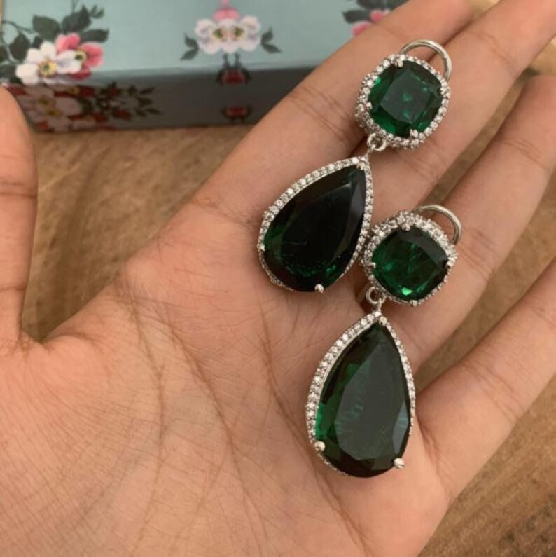 victorian jadau earrings silver jewelry emerald drops statement earrings diamond earrings sabyasachi jewelry Indian bridal jewelry