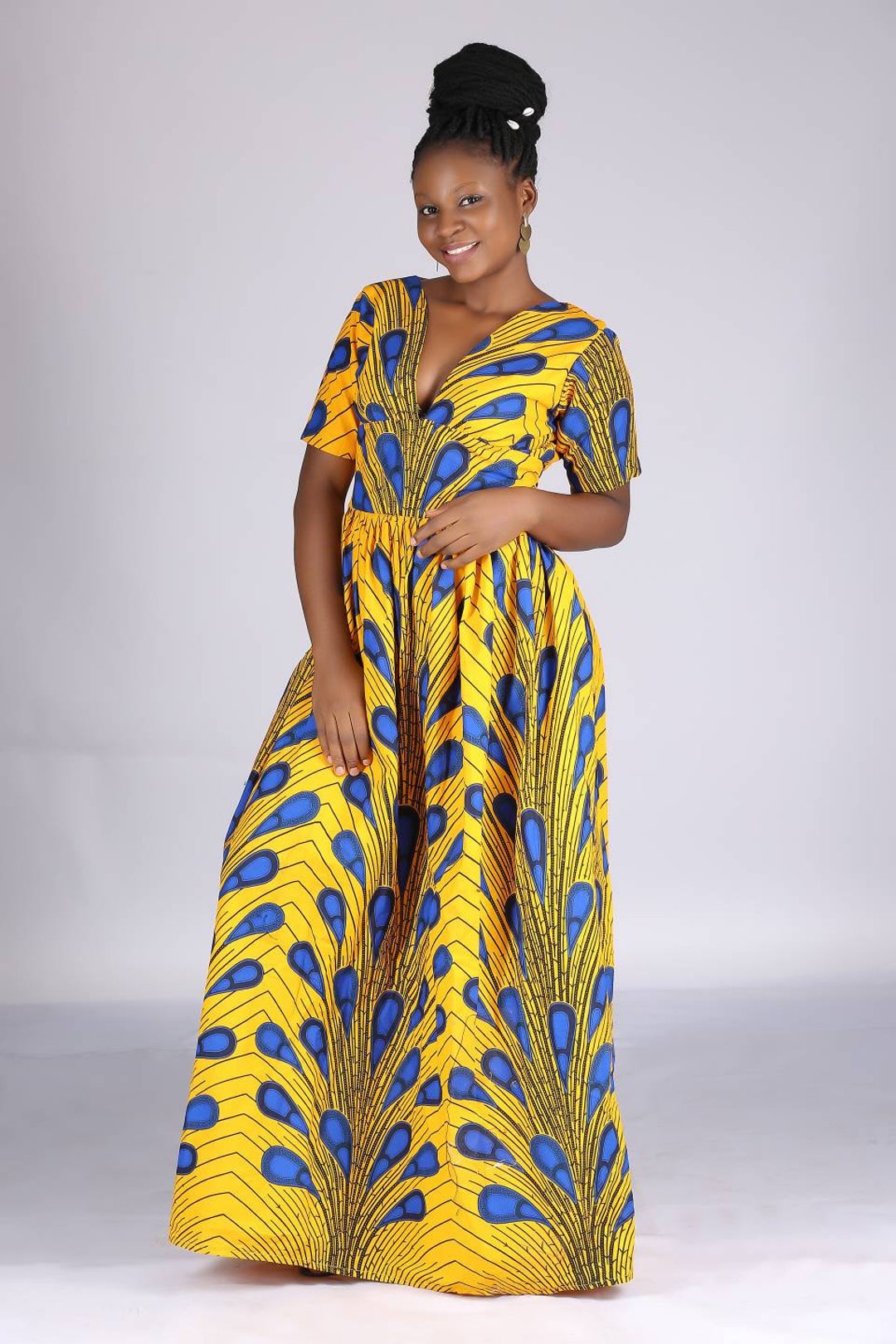 Yellow African Dress,african Print Dress, V-neck Dress,african Floor ...