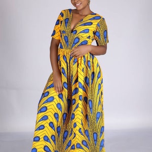 Yellow African Dress,african Print Dress, V-neck Dress,african Floor