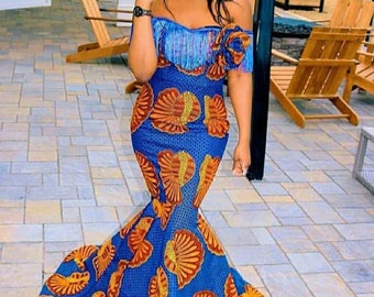 african mermaid dress,african floor-length gown,African clothing for women,African maxi dress,african off should dress,African print dress