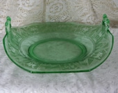 Vintage Fenton Green Glass Bowl Dish Plate with Turned Up Handles, Oriental Eastern Japan Japanese Design, 10.5 quot