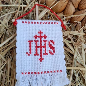 Osterfähnchen Kreuzstich Osterfahne IHS rot , Osterlamm Handarbeit