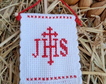 Osterfähnchen Kreuzstich Osterfahne IHS rot , Osterlamm Handarbeit