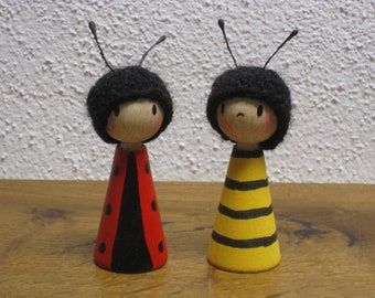 Set of 2 dolls, ladybug, bee, wooden doll, figure, lucky charm, lucky doll, handmade