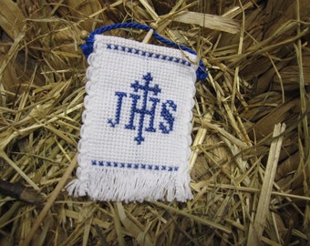 Easter flag, Easter banner cross stitch for Easter lamb, handmade IHS blue