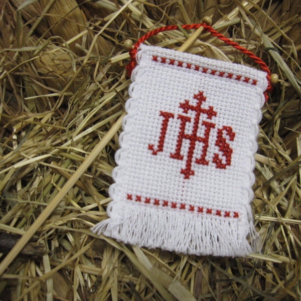 Cross stitch Easter flag IHS red Easter flag, Easter lamb handmade