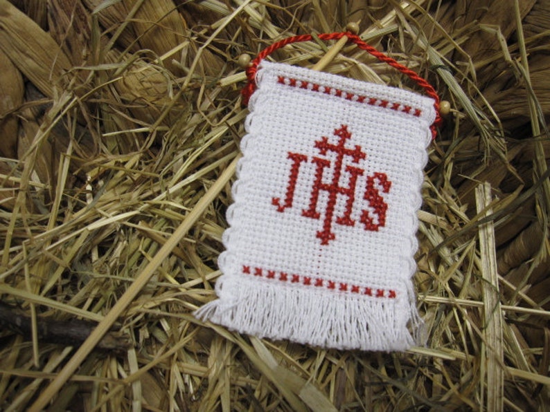 Cross stitch Easter flag IHS red Easter flag, Easter lamb handmade image 1