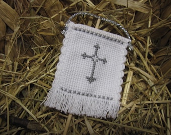Easter flag, Easter banner cross stitch for Easter lamb handmade IHS grey silver