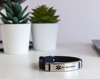 On Apixaban Adjustable Medical Wristband | Blood Thinner Silicone Bracelet | Waterproof & Hypo-allergenic | Medical ID Jewellery