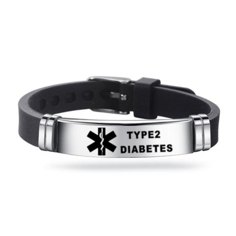 May include: Black silicone bracelet with a silver metal plate that says "TYPE 2 DIABETES" and has a medical symbol with a snake.