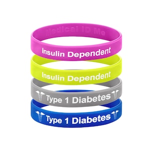 Pulsera de alerta médica para diabetes tipo 1 / Insulinodependiente, resistente al agua (juego de 4)