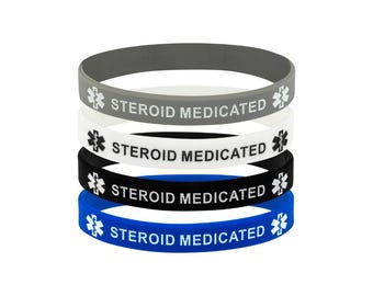 Steroid Medicated Medical Alert Wristbands – Set of 4 Silicone Bracelets (Grey, White, Black, Blue) Two Sizes