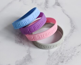 Set of 4 | Hope Faith Courage Strength | Cancer Motivational Bracelet | Cancer Awareness | Silicone Wristband | Chemo Gift | Jewellery