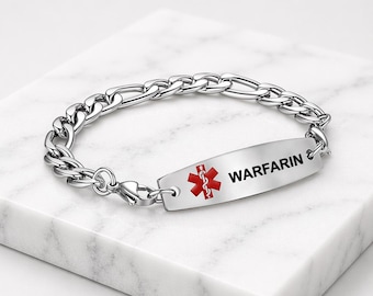 Warfarin Mens Silver Bracelet 22cm Stainless Steel Blood Thinner