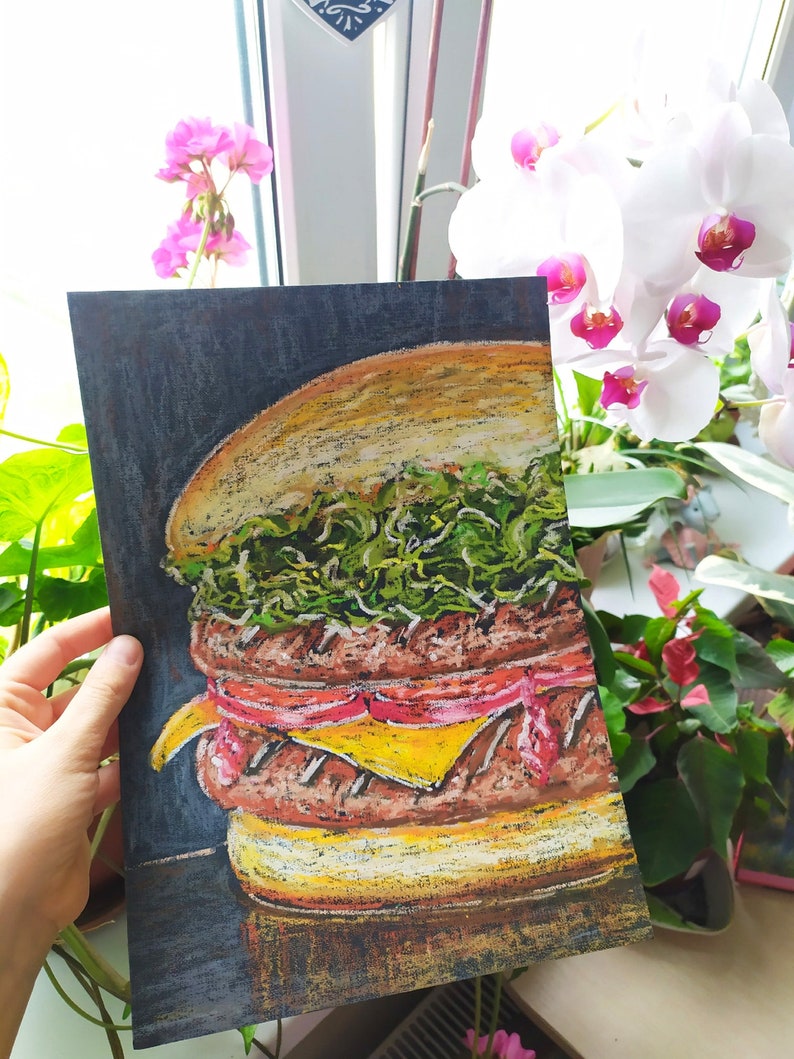 Food Painting Burger Original Art Still Life Wall Art 15 by8 Inches byArt Gurman