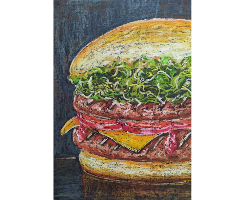 Food Painting Burger Original Art Still Life Wall Art 15 by8 Inches byArt Gurman