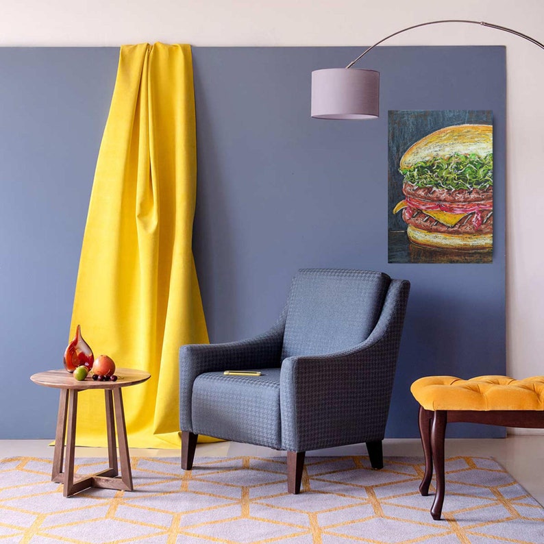 Food Painting Burger Original Art Still Life Wall Art 15 by8 Inches byArt Gurman