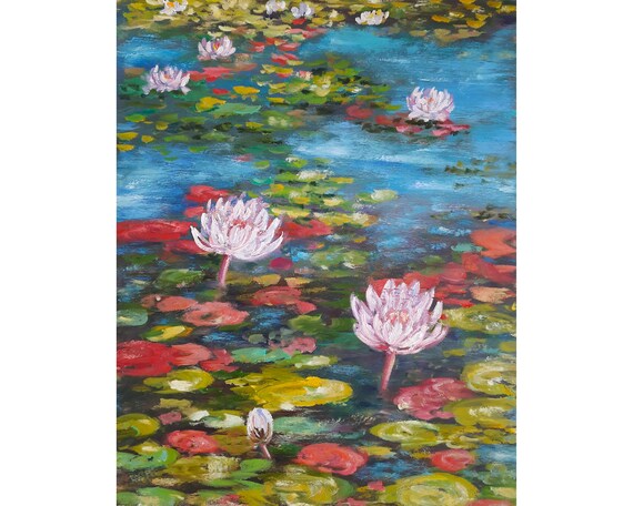 Water Lily Painting Pond Original Oil Art Lotus Wall Art Flower Artwork ...