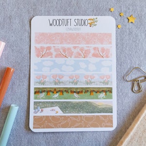 Feuille d'autocollants Washi Spring Vibes - Stickers floraux, grenouilles, thé, fleurs de cerisier pour journal quadrillé ou agenda à puces